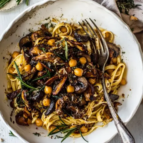 Slow Roasted Mushroom Pasta with Crisp Rosemary Chickpeas