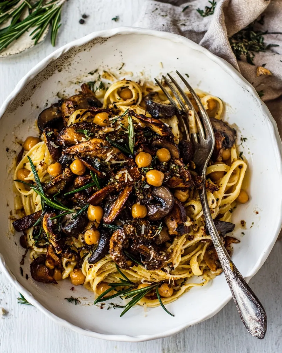 Slow Roasted Mushroom Pasta with Crisp Rosemary Chickpeas