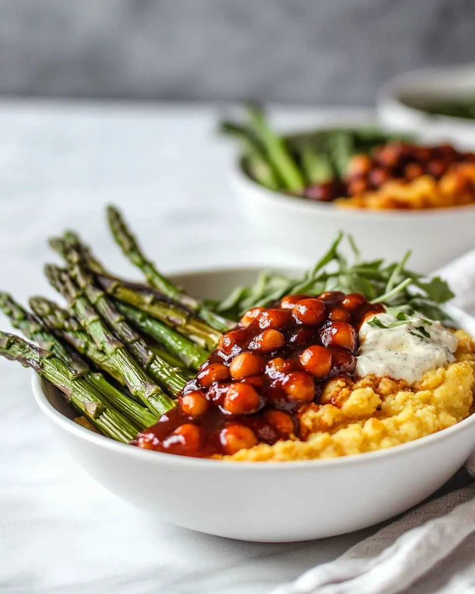 Spicy BBQ Chickpea and Crispy Polenta Bowls with Asparagus Ranch Hummus