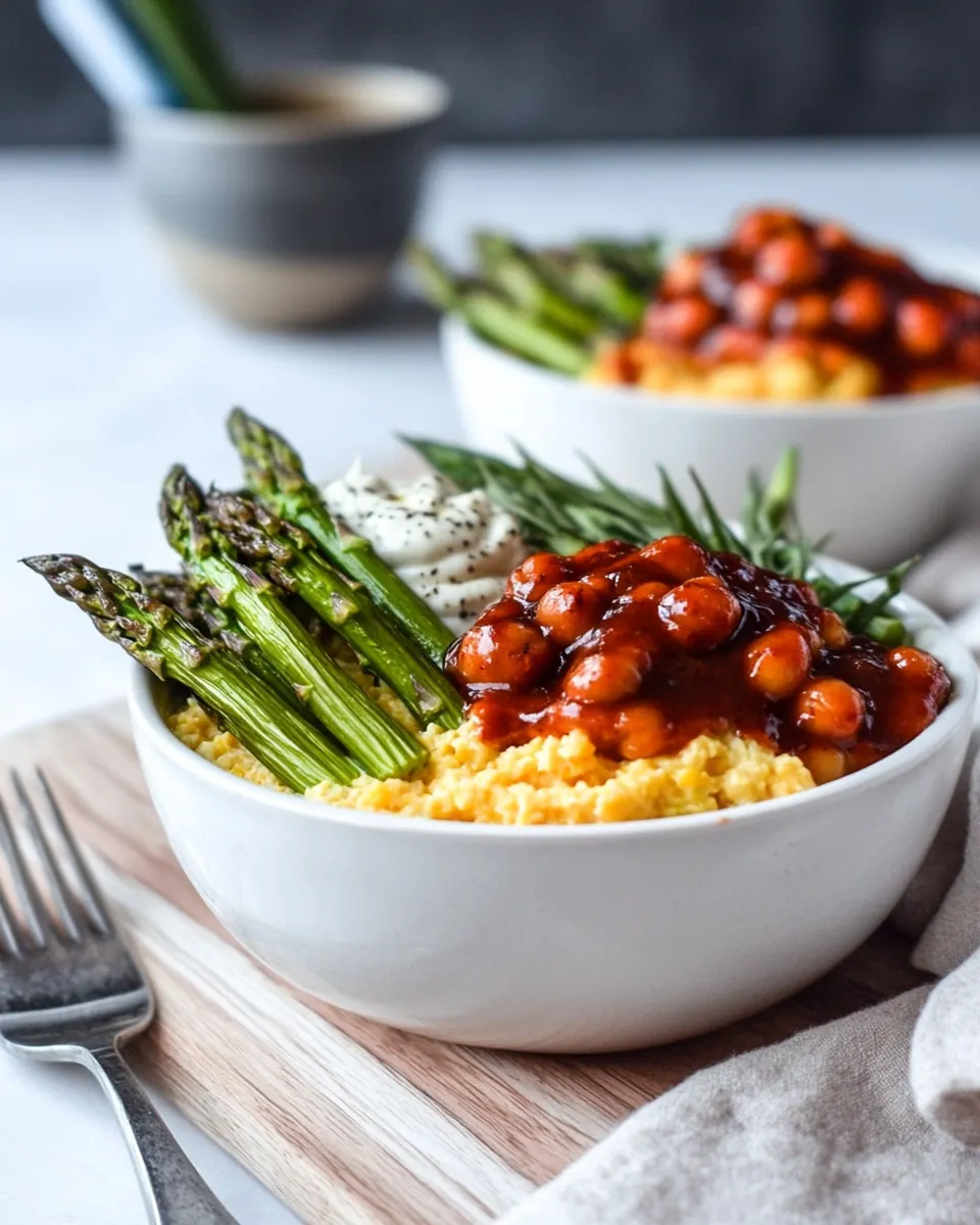 Spicy BBQ Chickpea and Crispy Polenta Bowls with Asparagus Ranch Hummus