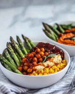 Spicy BBQ Chickpea and Crispy Polenta Bowls with Asparagus Ranch Hummus