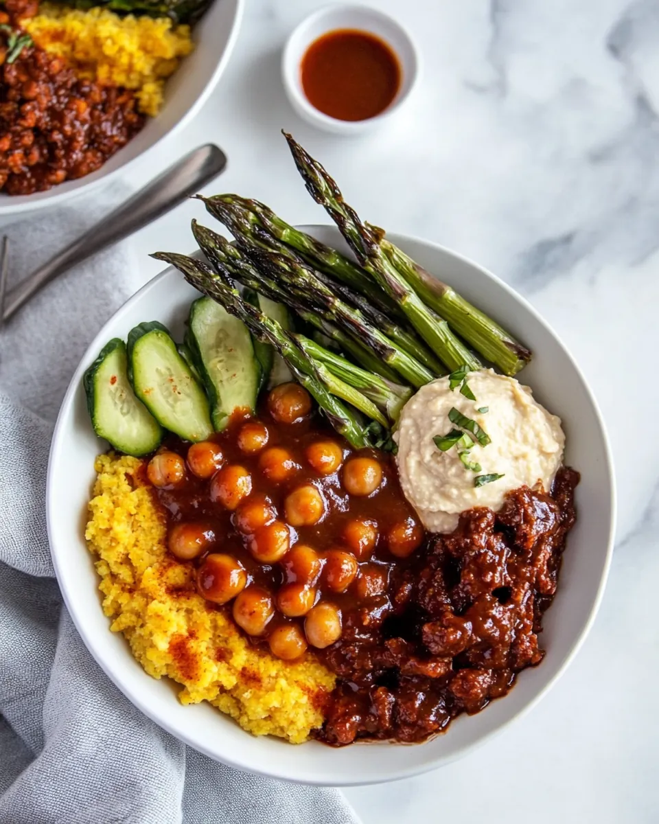 Spicy BBQ Chickpea and Crispy Polenta Bowls with Asparagus Ranch Hummus