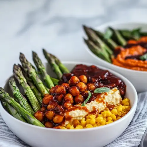 Spicy BBQ Chickpea and Crispy Polenta Bowls with Asparagus Ranch Hummus