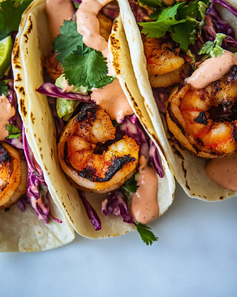 Spicy Shrimp Tacos with Creamy Sriracha Sauce Cilantro Lime Slaw