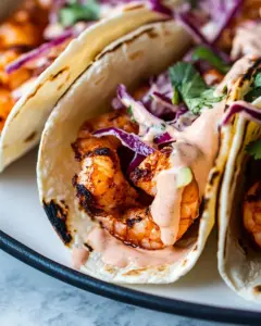 Spicy Shrimp Tacos with Creamy Sriracha Sauce Cilantro Lime Slaw