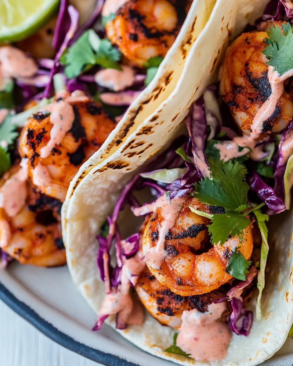 Spicy Shrimp Tacos with Creamy Sriracha Sauce Cilantro Lime Slaw