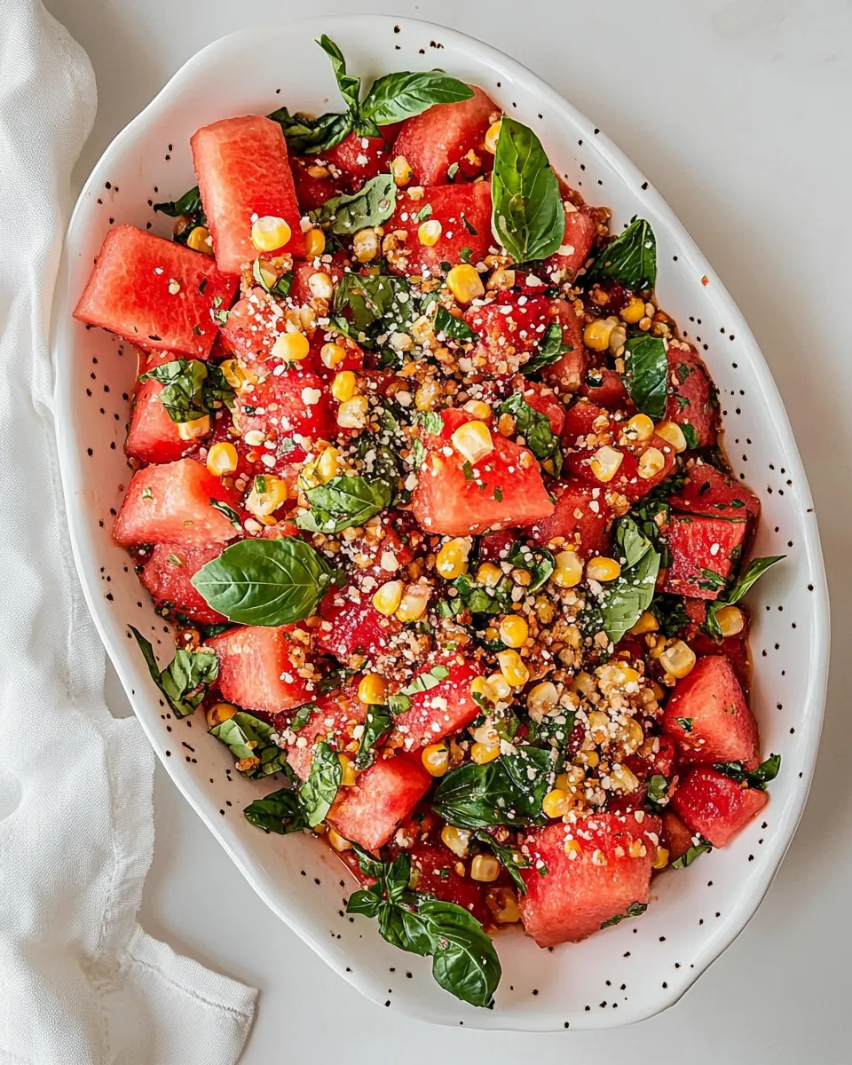 Spicy Vegan Watermelon Salad with Corn Nuts and Basil
