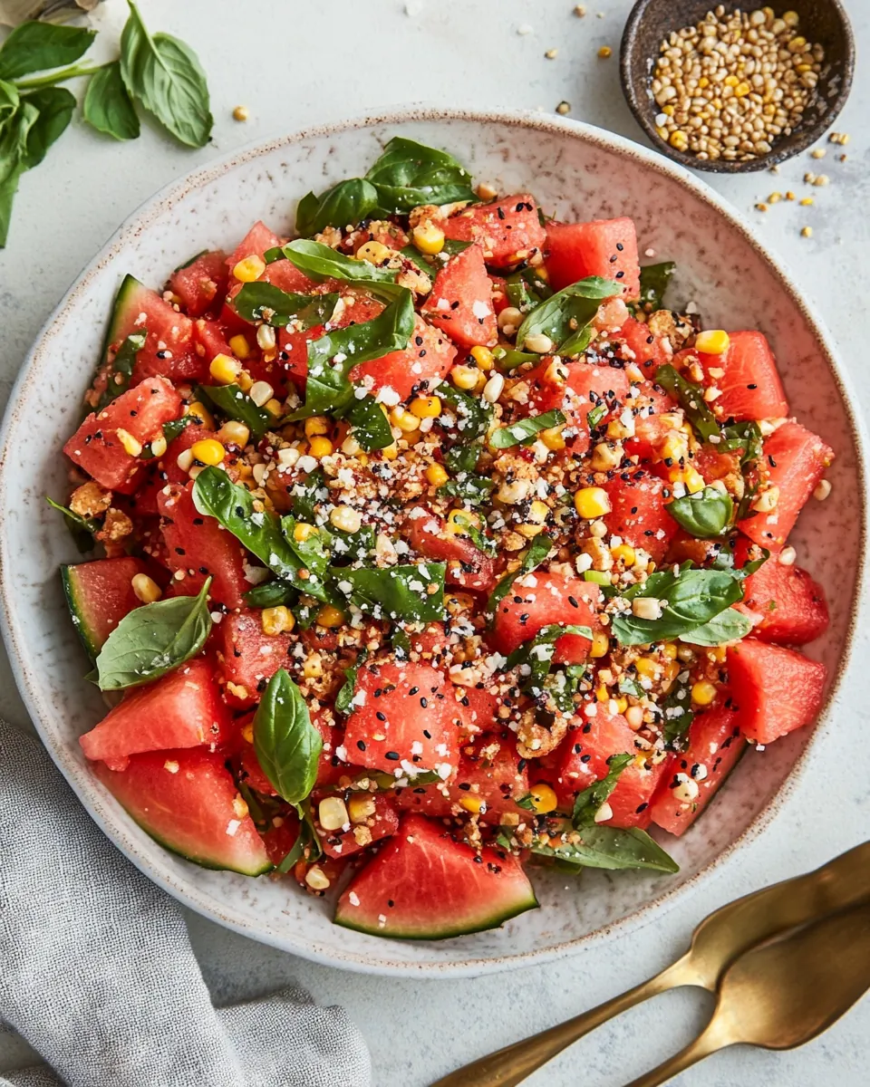 Spicy Vegan Watermelon Salad with Corn Nuts and Basil