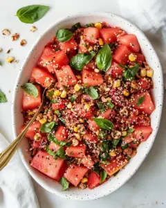 Spicy Vegan Watermelon Salad with Corn Nuts and Basil