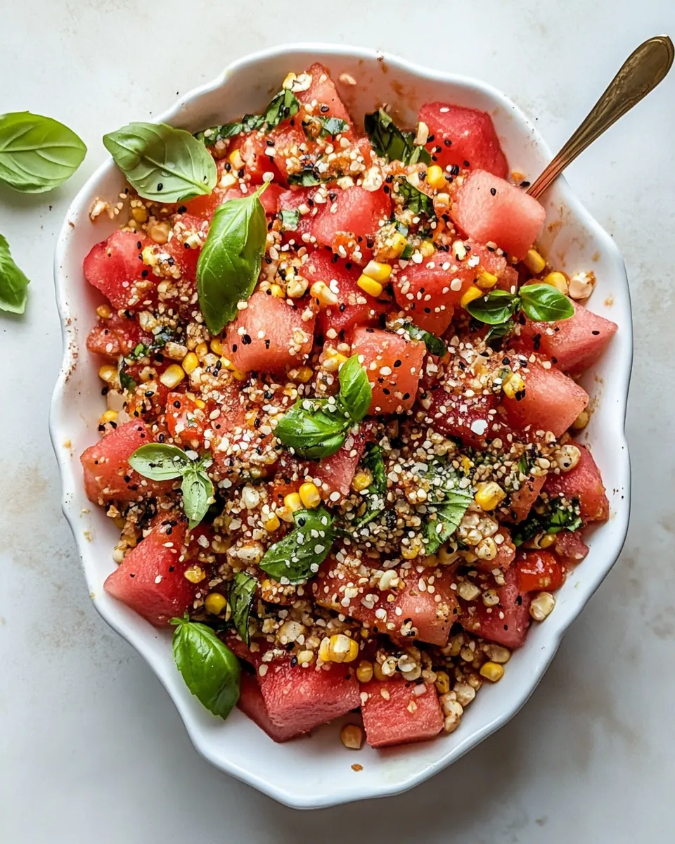 Spicy Vegan Watermelon Salad with Corn Nuts and Basil