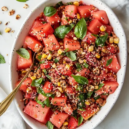 Spicy Vegan Watermelon Salad with Corn Nuts and Basil