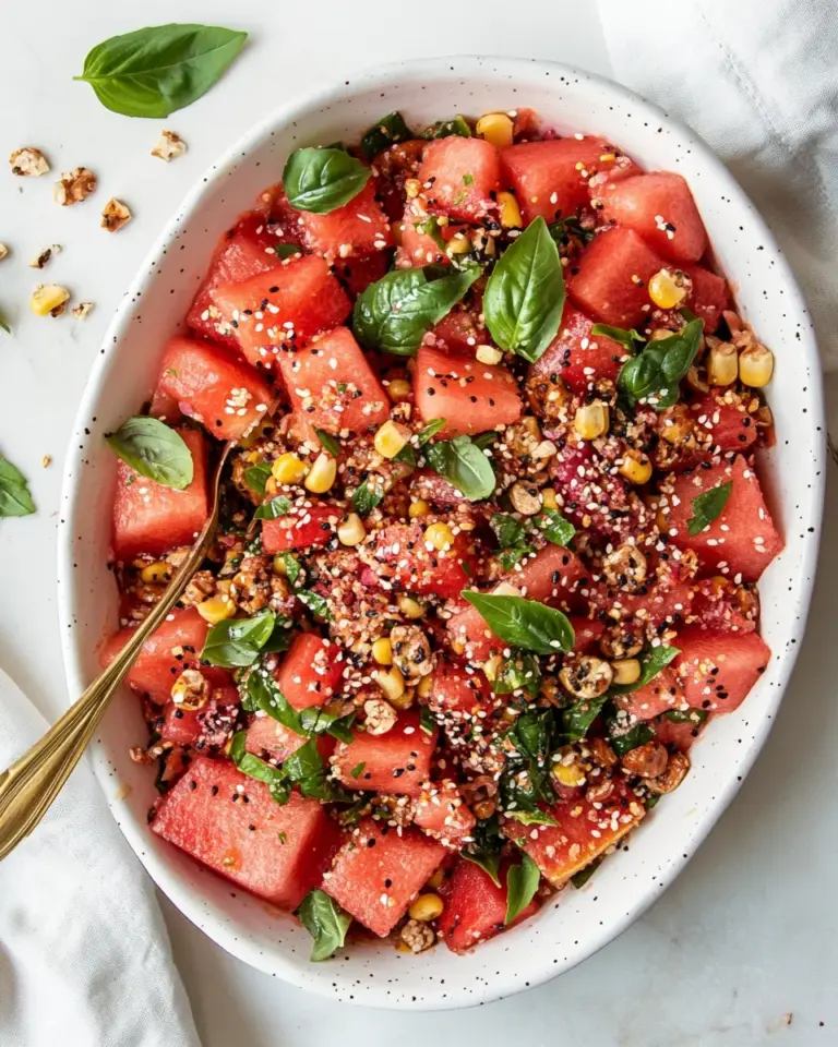 Spicy Vegan Watermelon Salad with Corn Nuts and Basil