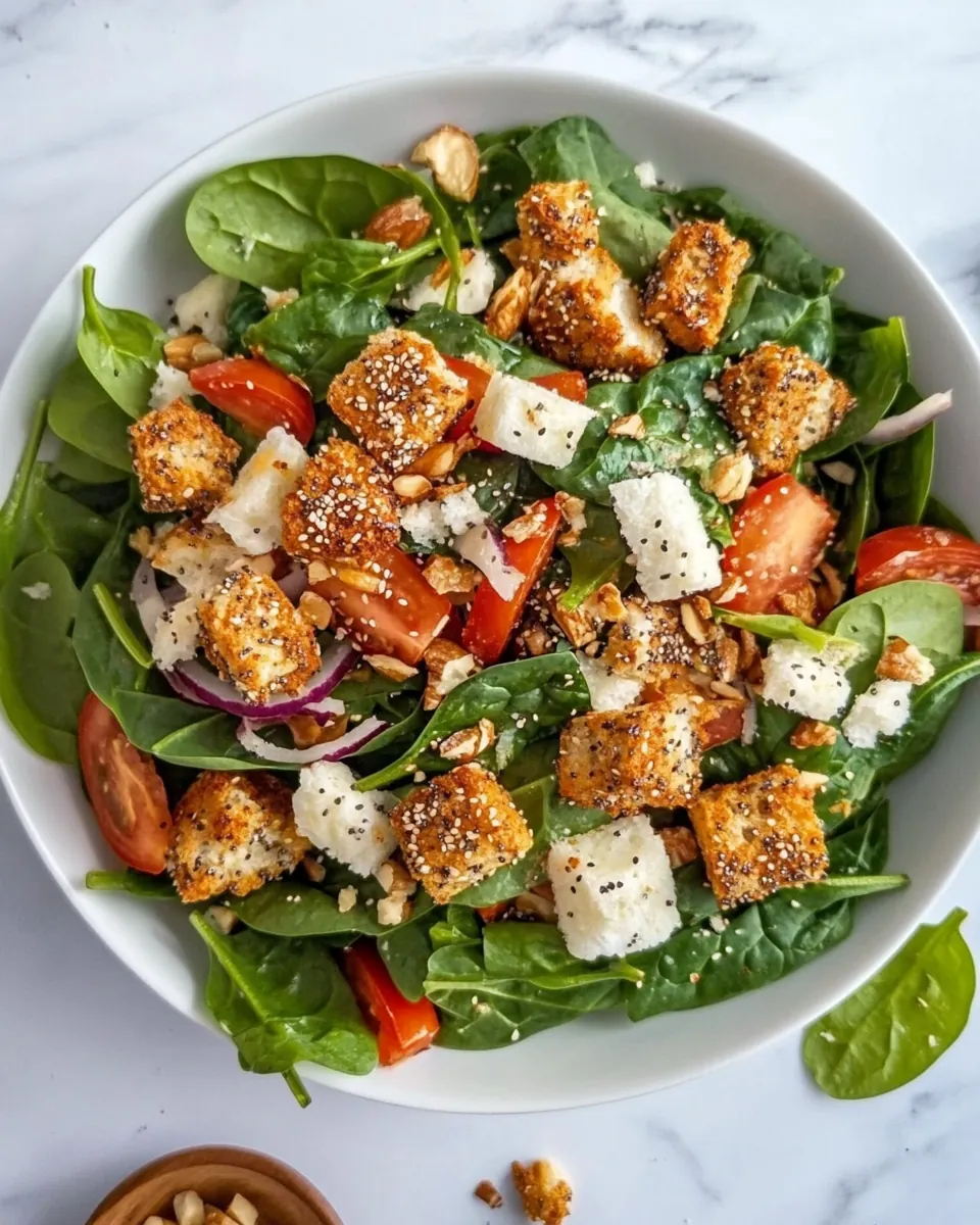 Spinach Salad with Everything Bagel Croutons