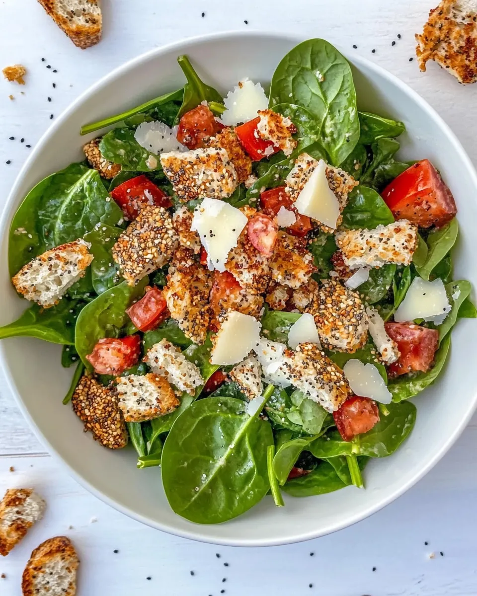 Spinach Salad with Everything Bagel Croutons