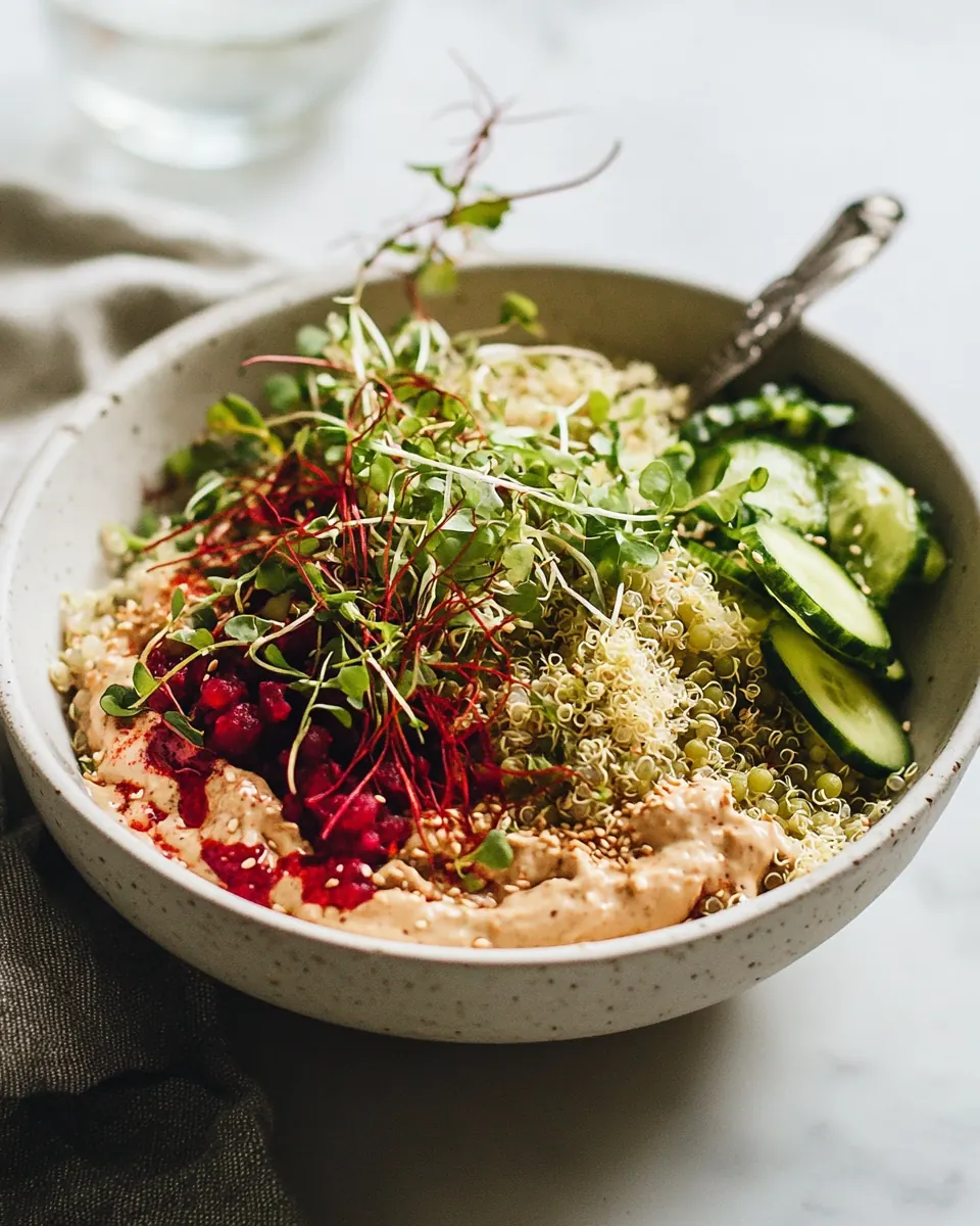 Sprouted Mung Bowl with Coconut Quinoa Beet Tahini