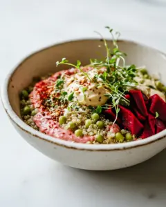 Sprouted Mung Bowl with Coconut Quinoa Beet Tahini