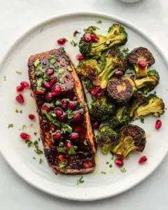 Sticky Pomegranate Salmon with Brussels Broccoli