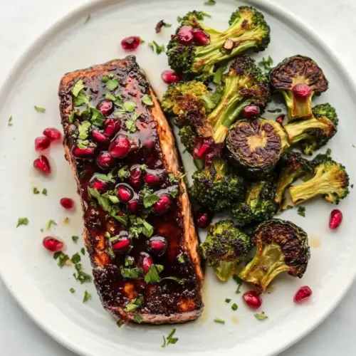 Sticky Pomegranate Salmon with Brussels Broccoli