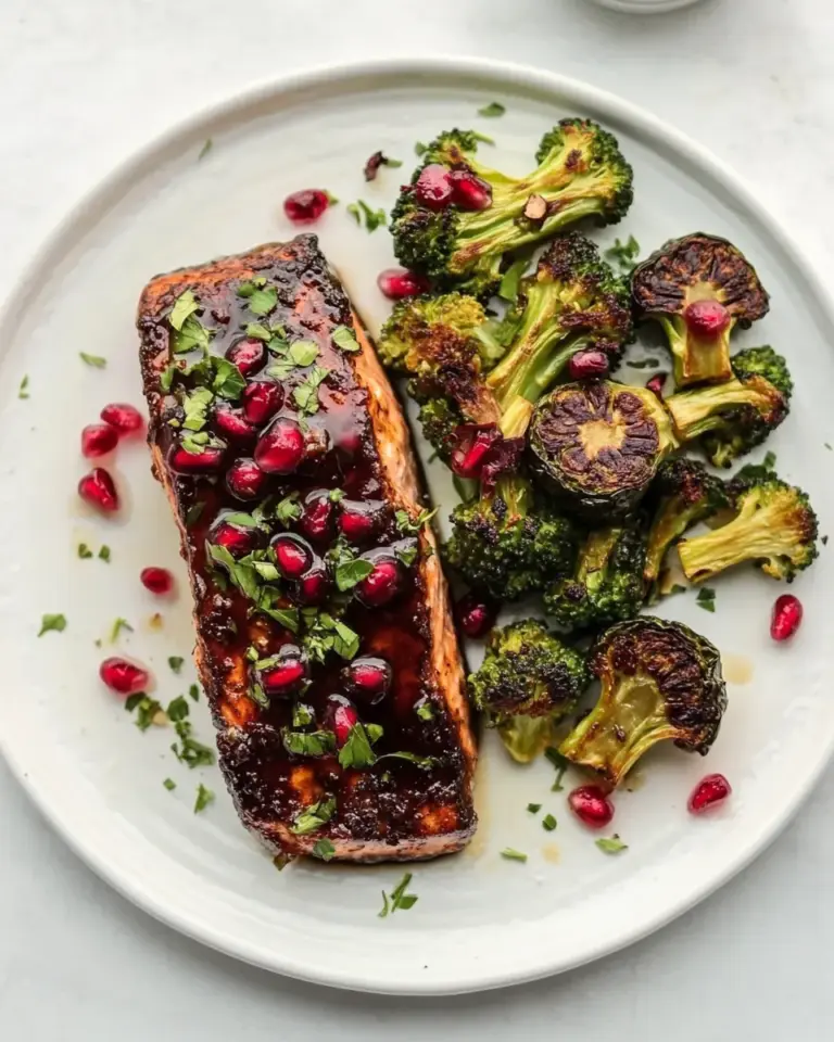 Sticky Pomegranate Salmon with Brussels Broccoli