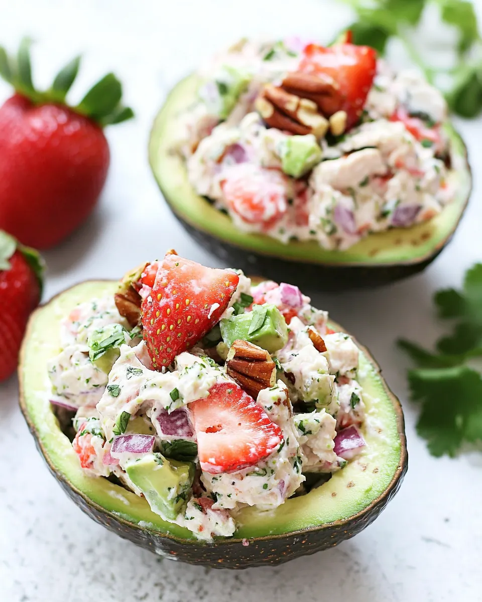 Strawberry Pecan Chicken Salad in Avocado Bowls