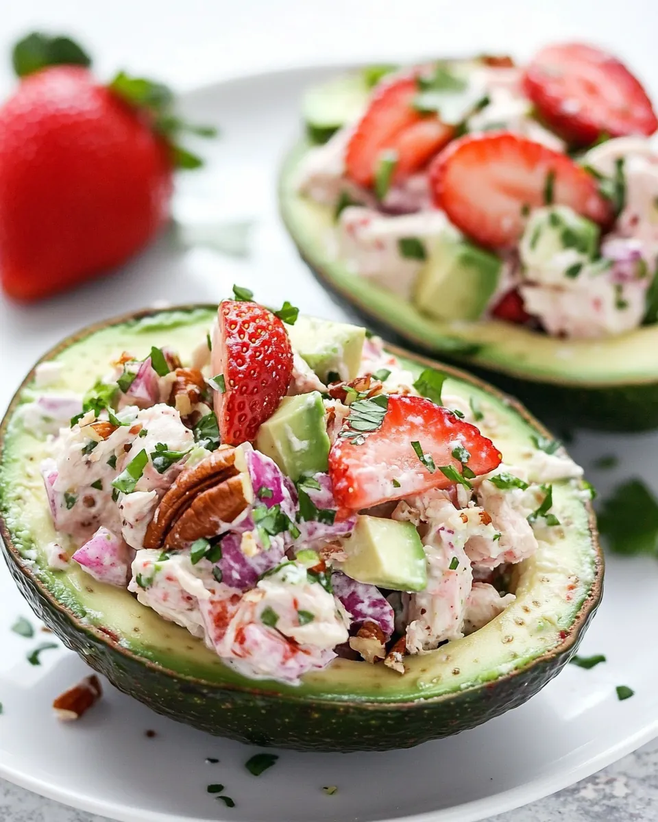 Strawberry Pecan Chicken Salad in Avocado Bowls