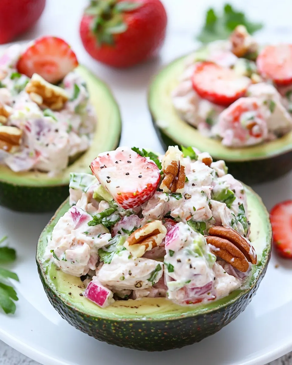 Strawberry Pecan Chicken Salad in Avocado Bowls