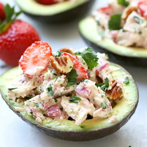 Strawberry Pecan Chicken Salad in Avocado Bowls