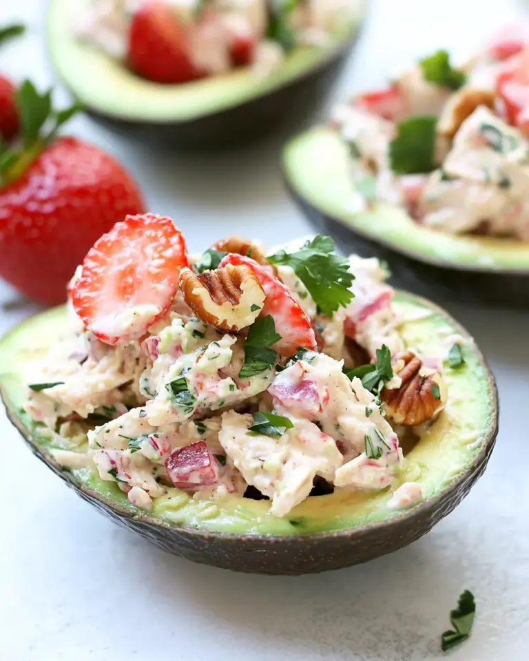 Strawberry Pecan Chicken Salad in Avocado Bowls
