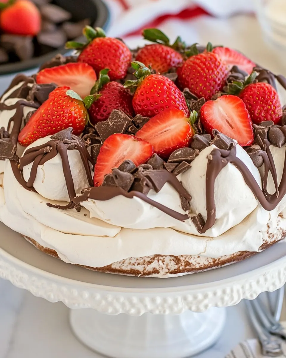 Strawberry Topped Chocolate Pavlova