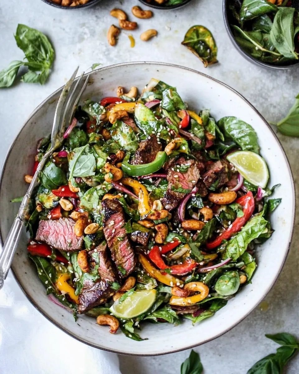 Thai Steak Salad with Sweet Spicy Tahini Dressing and Sesame Chili Lime Cashews