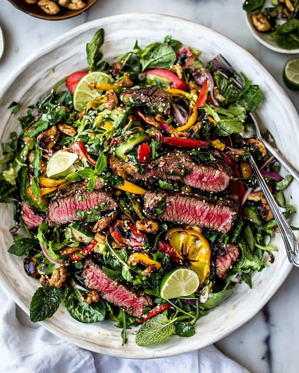 Thai Steak Salad with Sweet Spicy Tahini Dressing and Sesame Chili Lime Cashews
