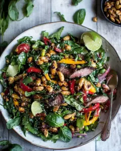 Thai Steak Salad with Sweet Spicy Tahini Dressing and Sesame Chili Lime Cashews