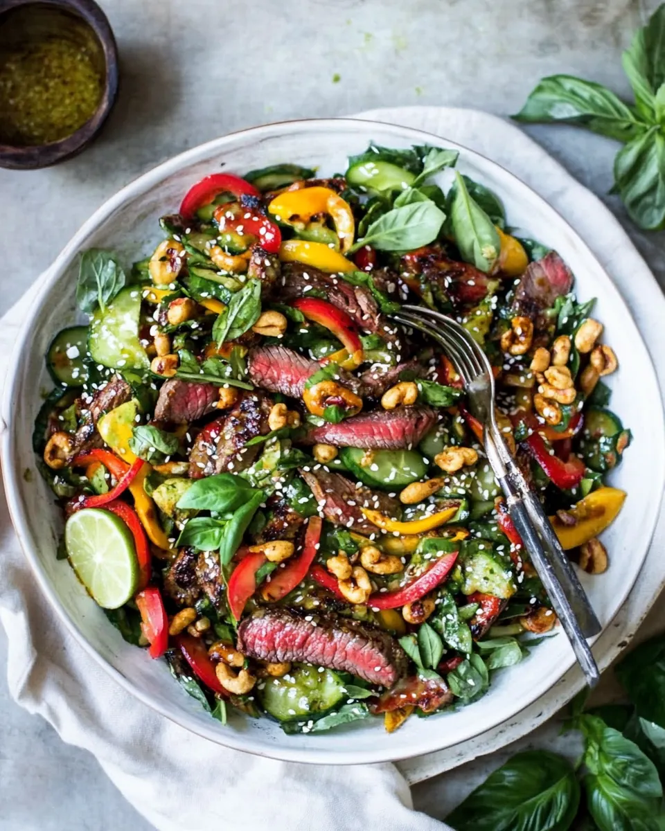 Thai Steak Salad with Sweet Spicy Tahini Dressing and Sesame Chili Lime Cashews