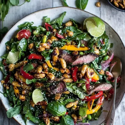 Thai Steak Salad with Sweet Spicy Tahini Dressing and Sesame Chili Lime Cashews