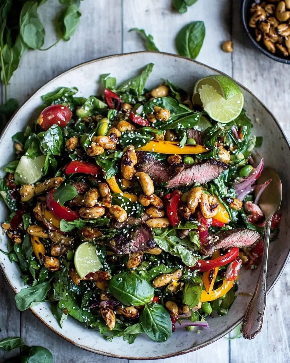 Thai Steak Salad with Sweet Spicy Tahini Dressing and Sesame Chili Lime Cashews