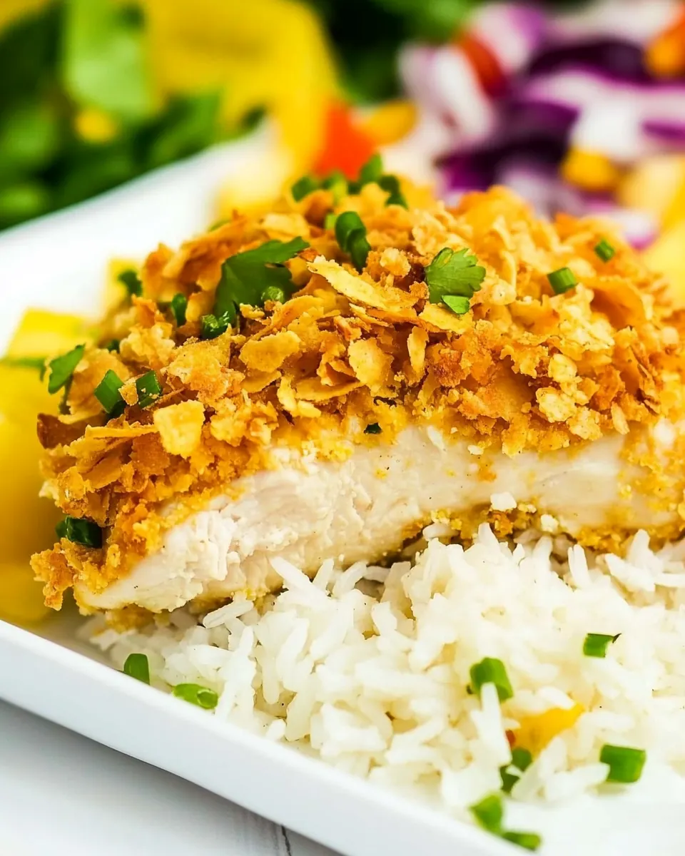 Tortilla Crusted Chicken with Coconut Rice