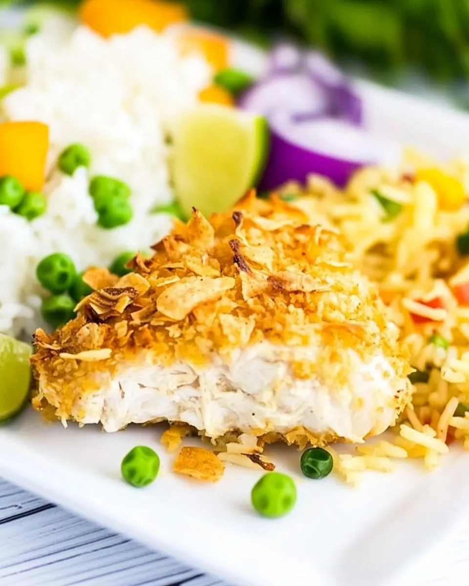 Tortilla Crusted Chicken with Coconut Rice