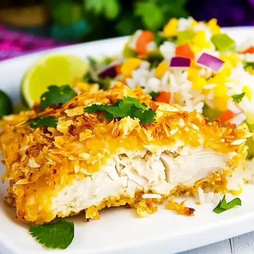 Tortilla Crusted Chicken with Coconut Rice