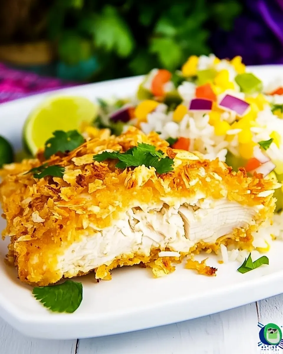 Tortilla Crusted Chicken with Coconut Rice