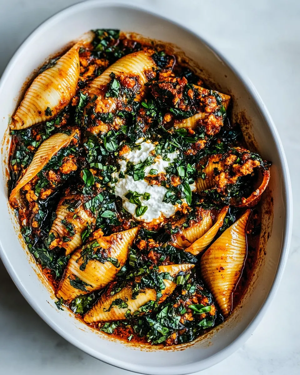 Unstuffed Spicy Tomato Basil Shells with Whipped Ricotta