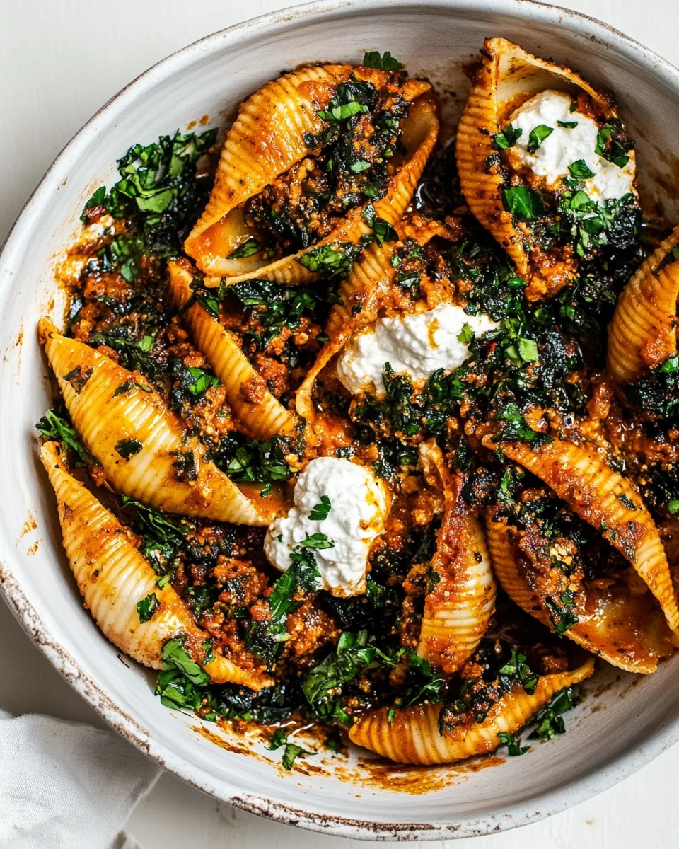 Unstuffed Spicy Tomato Basil Shells with Whipped Ricotta