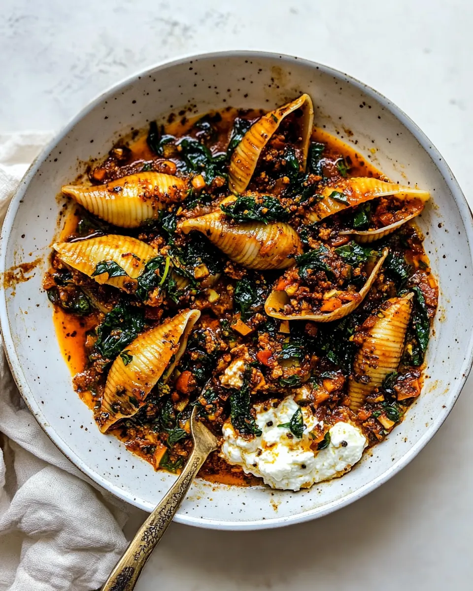 Unstuffed Spicy Tomato Basil Shells with Whipped Ricotta