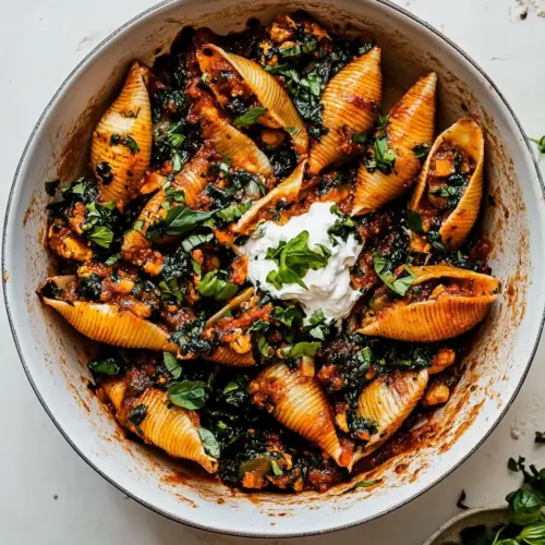 Unstuffed Spicy Tomato Basil Shells with Whipped Ricotta