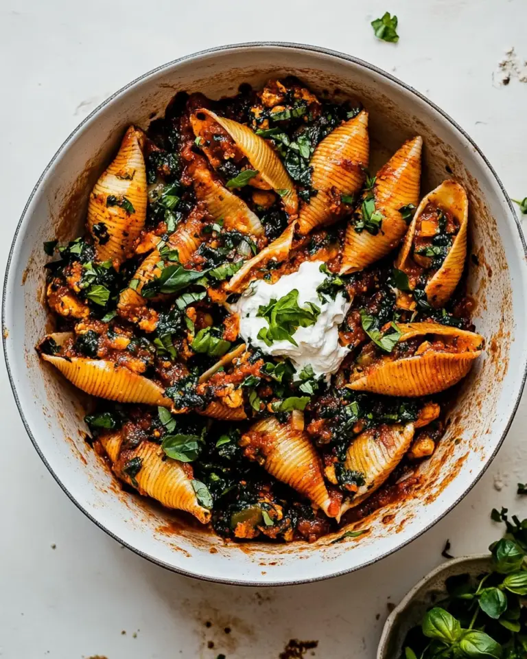Unstuffed Spicy Tomato Basil Shells with Whipped Ricotta