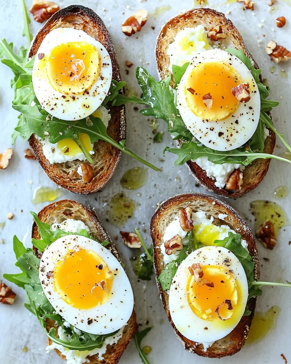 Walnut Ricotta Crostini with Arugula and Soft Boiled Eggs