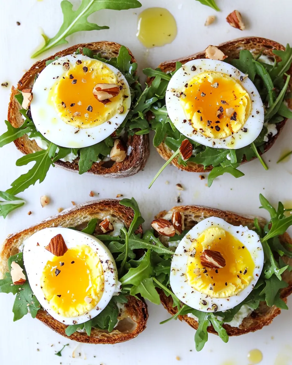 Walnut Ricotta Crostini with Arugula and Soft Boiled Eggs