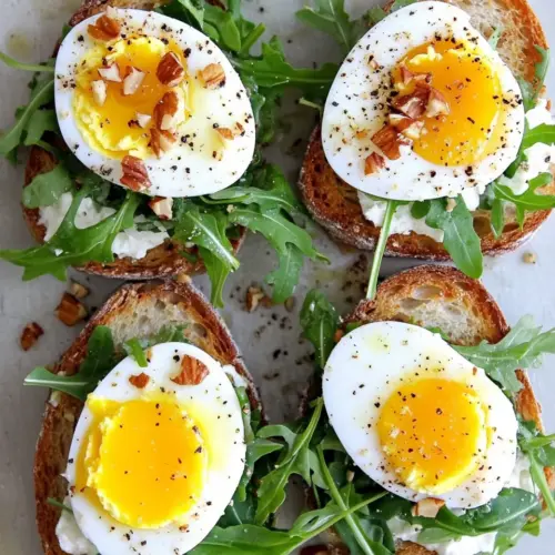 Walnut Ricotta Crostini with Arugula and Soft Boiled Eggs
