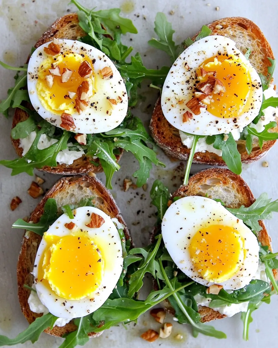 Walnut Ricotta Crostini with Arugula and Soft Boiled Eggs