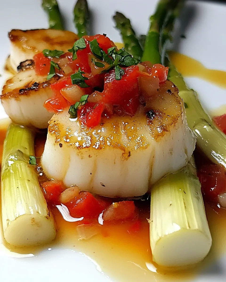 White Asparagus Seared Scallops in Tomato Tarragon Vinaigrette
