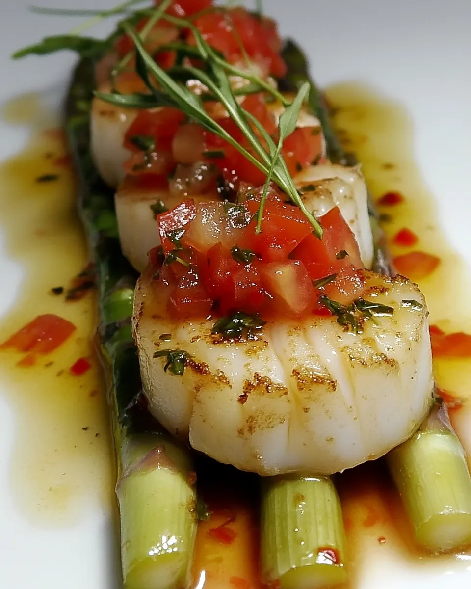 White Asparagus Seared Scallops in Tomato Tarragon Vinaigrette